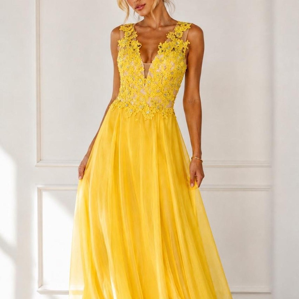 Alyce Paris Yellow Floral Lace Chiffon Formal Prom Gown Dress